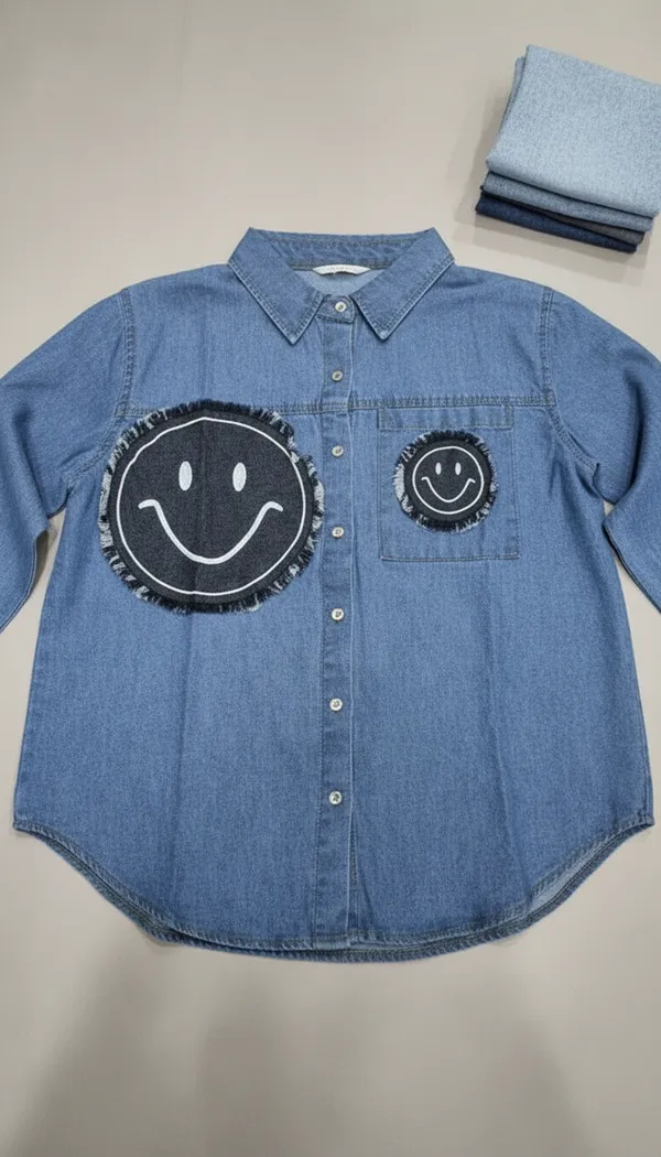 Blue_Smiley_Patch_Design_Cotton_Denim_Shirt_For_Women