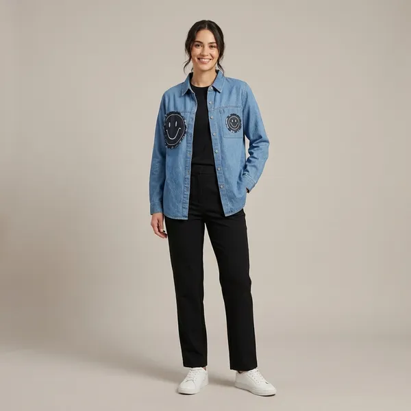 Blue_Smiley_Patch_Design_Cotton_Denim_Shirt_For_Women