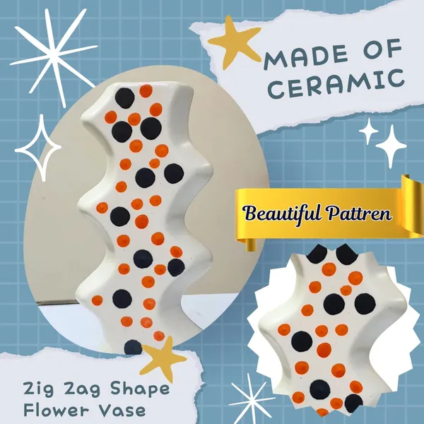 White_Modern_&_Unique_Ceramic_Zigzag_Shape_Flower_Vase_With_Dotted_Design_(10L_X_5W_X_20.5H_Cm)