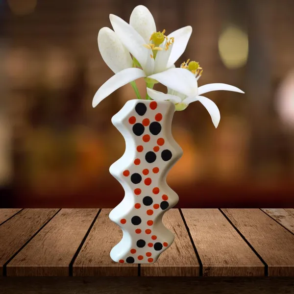 White_Modern_&_Unique_Ceramic_Zigzag_Shape_Flower_Vase_With_Dotted_Design_(10L_X_5W_X_20.5H_Cm)