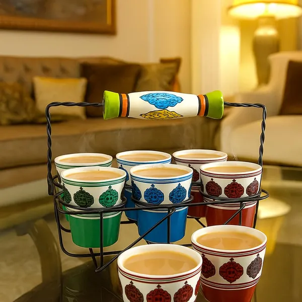 Multicolor_Handcrafted,_Handpainted_Colorful_Ceramic_Tapri_Style_Cutting_Chai_Glass_Set_With_Stand_(Set_Of_6_Pc)