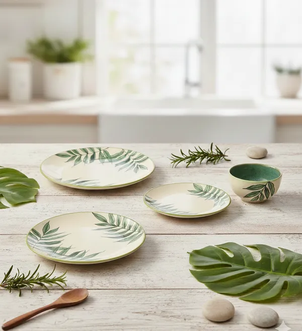 Ceramic_Handpainted_Green_Leaf_Design_Dinner_Set_of_3_-_Includes_Full_Plate,_Quarter_Plate_and_Katori_-_Premium_Glossy_Finish_Dinnerware,_Microwave_&_Dishwasher_Safe,_Modern_Dining_Tableware_Set_for_1