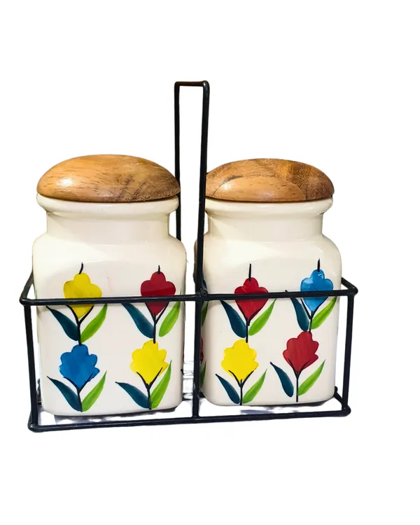 Floral_Ceramic_Canister_Set_of_2_I_Non-Toxic,_Lead-Free_Food_Storage_Jars_with_Natural_Wood_Lids_&_Metal_Caddy_I_Farmhouse_Cottage_Kitchen_Counter_Decor_for_Candies,_Sugar,_Tea