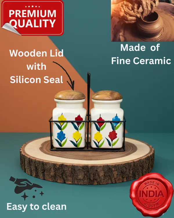 Floral_Ceramic_Canister_Set_of_2_I_Non-Toxic,_Lead-Free_Food_Storage_Jars_with_Natural_Wood_Lids_&_Metal_Caddy_I_Farmhouse_Cottage_Kitchen_Counter_Decor_for_Candies,_Sugar,_Tea