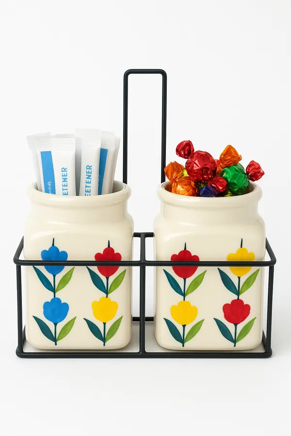 Floral_Ceramic_Canister_Set_of_2_I_Non-Toxic,_Lead-Free_Food_Storage_Jars_with_Natural_Wood_Lids_&_Metal_Caddy_I_Farmhouse_Cottage_Kitchen_Counter_Decor_for_Candies,_Sugar,_Tea