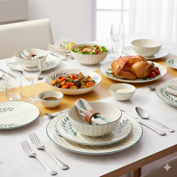 Leaf_Print_Ceramic_Dinner_Plate,_11-inch_Full_Plate_for_Dinner,_Made_in_India_-_Microwave_&_Dishwasher_Safe,_Non-Toxic_Lead-Free_Green/Beige_Tableware_(Set_of_2)