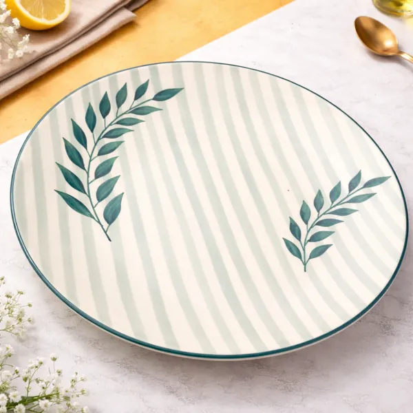 Leaf_Print_Ceramic_Dinner_Plate,_11-inch_Full_Plate_for_Dinner,_Made_in_India_-_Microwave_&_Dishwasher_Safe,_Non-Toxic_Lead-Free_Green/Beige_Tableware_(Set_of_2)