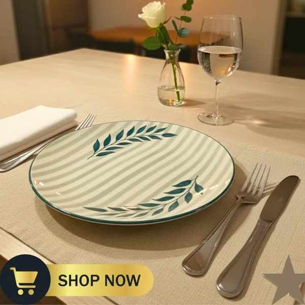 Leaf_Print_Ceramic_Dinner_Plate,_11-inch_Full_Plate_for_Dinner,_Made_in_India_-_Microwave_&_Dishwasher_Safe,_Non-Toxic_Lead-Free_Green/Beige_Tableware_(Single_Piece)