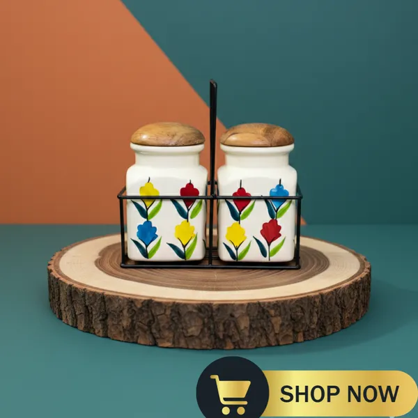 Floral_Ceramic_Canister_Set_of_2_I_Non-Toxic,_Lead-Free_Food_Storage_Jars_with_Natural_Wood_Lids_&_Metal_Caddy_I_Farmhouse_Cottage_Kitchen_Counter_Decor_for_Candies,_Sugar,_Tea