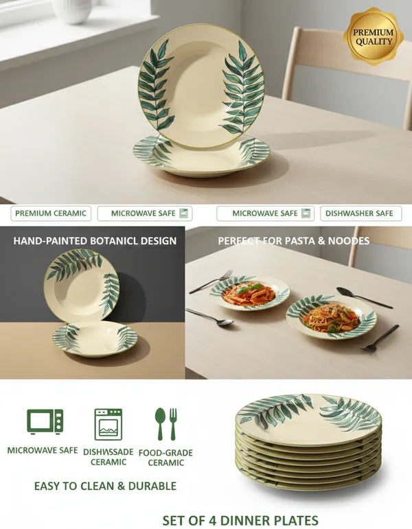 Premium_Ceramic_Pasta/Noodles_Plate_–_Non-Toxic,_Microwave_&_Dishwasher_Safe_–_Elegant_Leaf_Design_–_Cream_Color_Base,_Handpainted,_Stylish_Dinnerware_for_Modern_Dining_(Pack_of_2)
