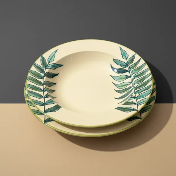 Premium_Ceramic_Pasta/Noodles_Plate_–_Non-Toxic,_Microwave_&_Dishwasher_Safe_–_Elegant_Leaf_Design_–_Cream_Color_Base,_Handpainted,_Stylish_Dinnerware_for_Modern_Dining_(Pack_of_2)