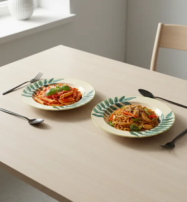 Premium_Ceramic_Pasta/Noodles_Plate_–_Non-Toxic,_Microwave_&_Dishwasher_Safe_–_Elegant_Leaf_Design_–_Cream_Color_Base,_Handpainted,_Stylish_Dinnerware_for_Modern_Dining_(Pack_of_2)