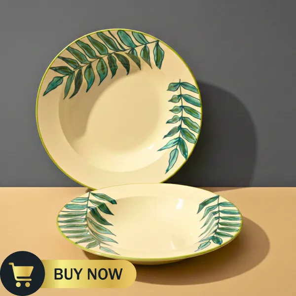 Premium_Ceramic_Pasta/Noodles_Plate_–_Non-Toxic,_Microwave_&_Dishwasher_Safe_–_Elegant_Leaf_Design_–_Cream_Color_Base,_Handpainted,_Stylish_Dinnerware_for_Modern_Dining_(Pack_of_2)