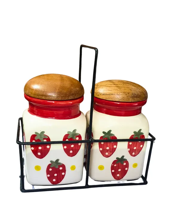 Strawberry_Ceramic_Canister_Set_of_2_Non-Toxic,_Lead-Free_Food_Storage_Jars_with_Natural_Wood_Lids_&_Metal_Caddy_Farmhouse_Cottage_Kitchen_Counter_Decor_for_Coffee,_Sugar,_Tea