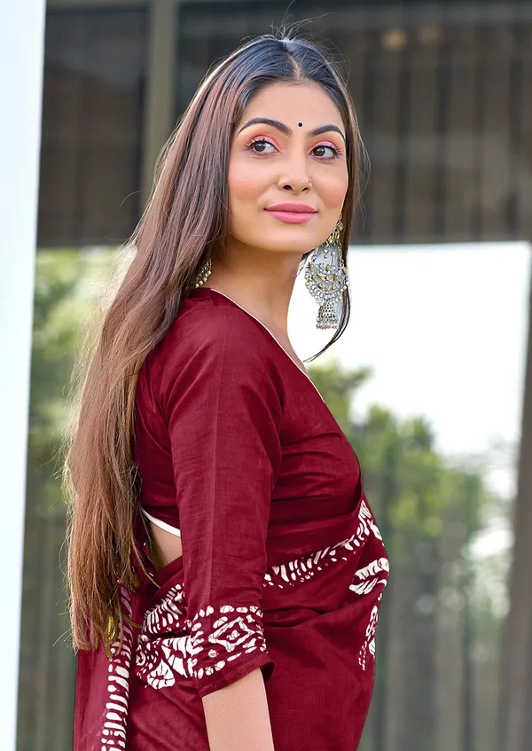 Red_Bagru_Block_Print_Mulmul_Cotton_Saree_With_Unstitched_Blouse_For_Women