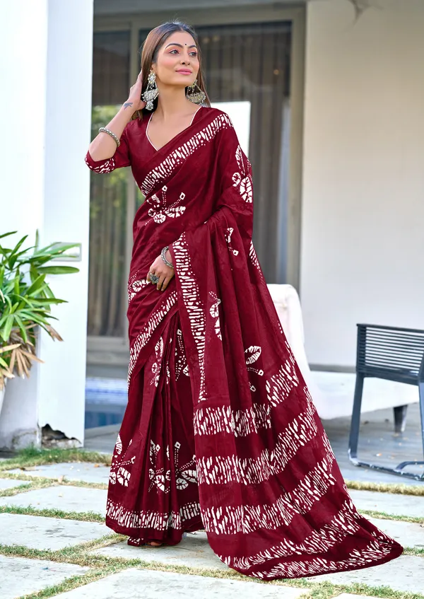 Red_Bagru_Block_Print_Mulmul_Cotton_Saree_With_Unstitched_Blouse_For_Women