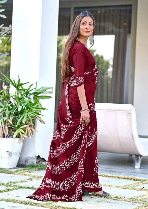 Red_Bagru_Block_Print_Mulmul_Cotton_Saree_With_Unstitched_Blouse_For_Women