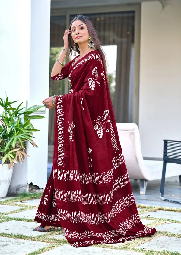 Red_Bagru_Block_Print_Mulmul_Cotton_Saree_With_Unstitched_Blouse_For_Women