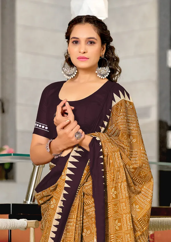 Brown_Yellow_Mulmul_Cotton_Saree_With_Unstitched_Blouse_For_Women