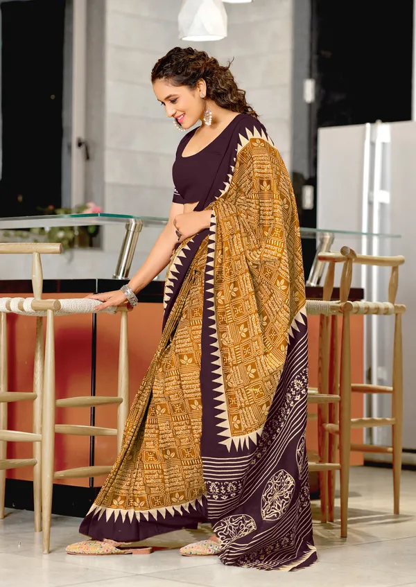 Brown_Yellow_Mulmul_Cotton_Saree_With_Unstitched_Blouse_For_Women