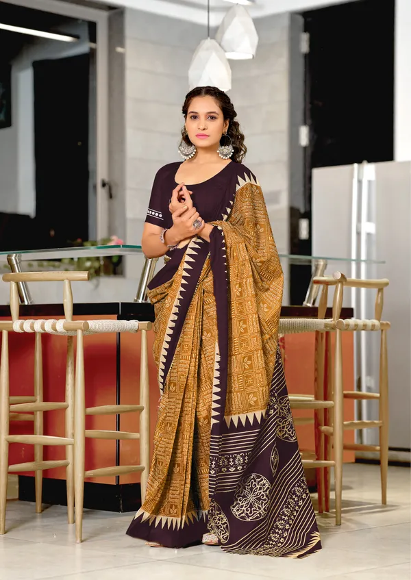 Brown_Yellow_Mulmul_Cotton_Saree_With_Unstitched_Blouse_For_Women