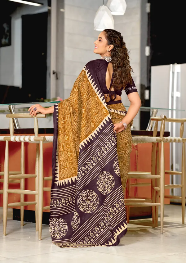 Brown_Yellow_Mulmul_Cotton_Saree_With_Unstitched_Blouse_For_Women