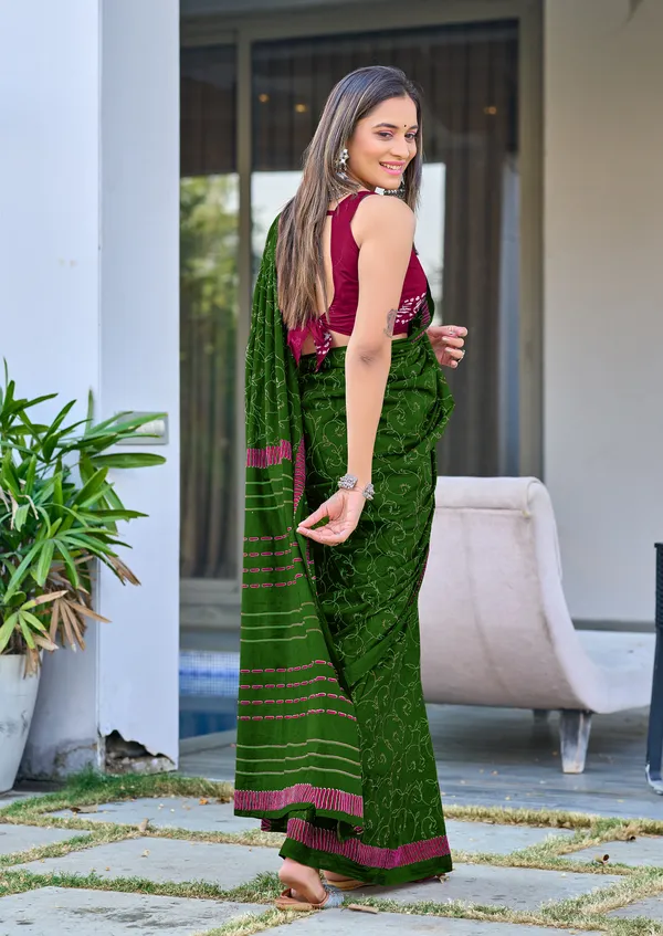 Green_Ajrakh_Block_Prints_Mulmul_Cotton_Saree_With_Unstitched_Blouse_For_Women