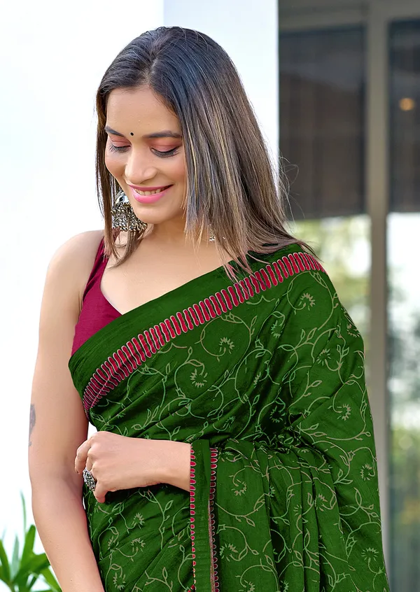 Green_Ajrakh_Block_Prints_Mulmul_Cotton_Saree_With_Unstitched_Blouse_For_Women