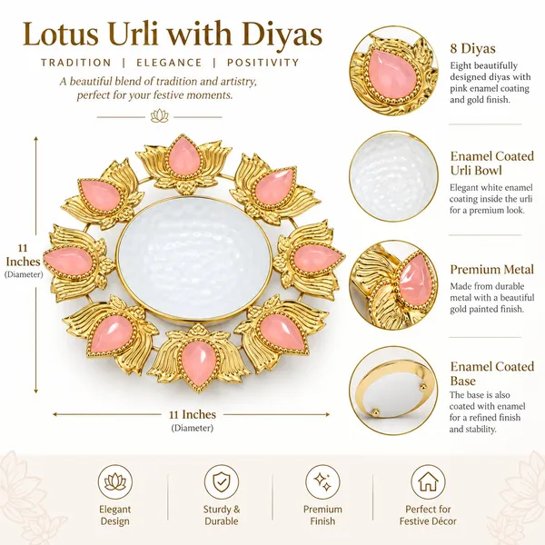 11_Inch_Metal_Urli_with_Pink_Enamel_Coating_&_8_Lotus_Diya_Holders_|_Decorative_Floating_Flower_Bowl_for_Diwali,_Pooja,_Festive_Decoration,_Home_Décor_&_Gifting