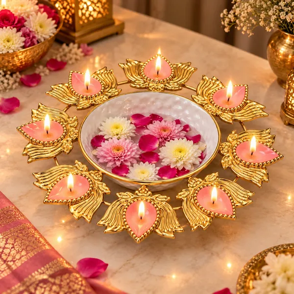 11_Inch_Metal_Urli_with_Pink_Enamel_Coating_&_8_Lotus_Diya_Holders_|_Decorative_Floating_Flower_Bowl_for_Diwali,_Pooja,_Festive_Decoration,_Home_Décor_&_Gifting