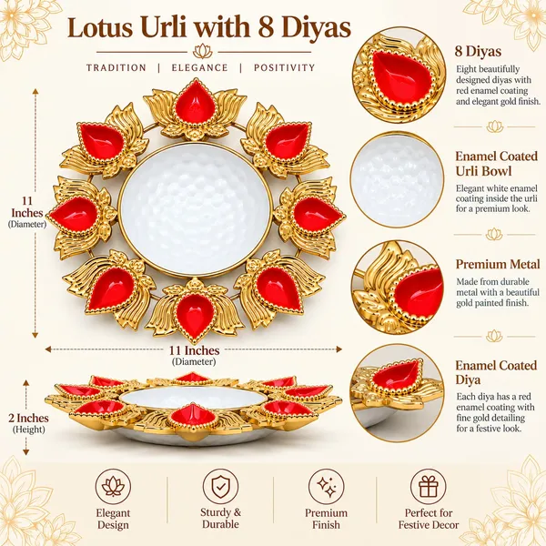 11_Inch_Metal_Urli_with_Red_Enamel_Coating_&_8_Lotus_Diya_Holders_|_Decorative_Floating_Flower_Bowl_for_Diwali,_Pooja,_Festive_Decoration,_Home_Décor_&_Gifting