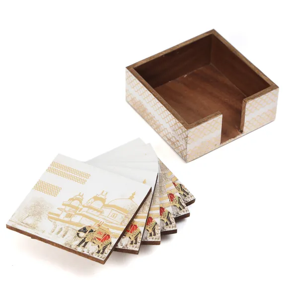 White_&_Gold_Wooden_Waterproof_Set_Of_6_Enamel_Coated_Wooden_Coasters_With_Stand_For_Home_And_Dining_Table_,_Stylish_Coasters_For_Tea_Coffee_And_Bar_(_(10X10)Cm_)