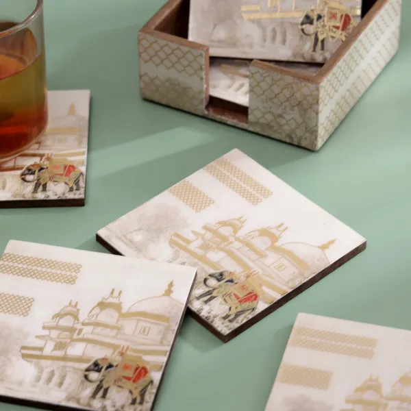 White_&_Gold_Wooden_Waterproof_Set_Of_6_Enamel_Coated_Wooden_Coasters_With_Stand_For_Home_And_Dining_Table_,_Stylish_Coasters_For_Tea_Coffee_And_Bar_(_(10X10)Cm_)