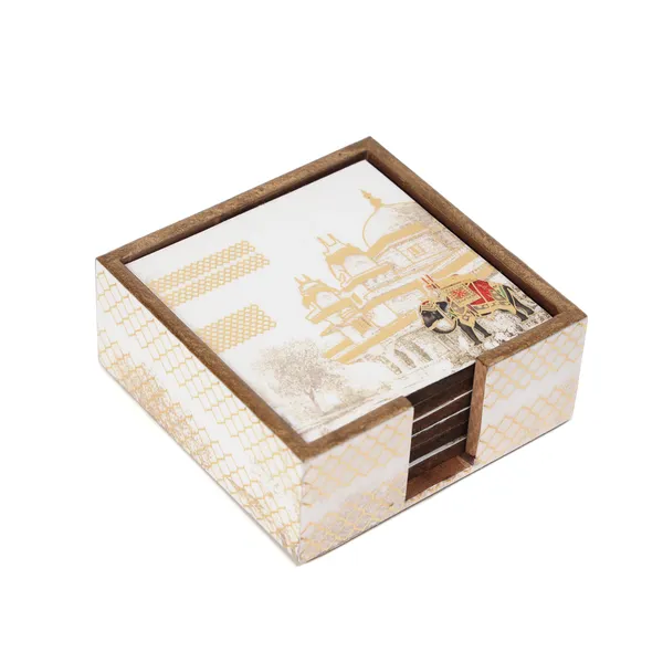 White_&_Gold_Wooden_Waterproof_Set_Of_6_Enamel_Coated_Wooden_Coasters_With_Stand_For_Home_And_Dining_Table_,_Stylish_Coasters_For_Tea_Coffee_And_Bar_(_(10X10)Cm_)