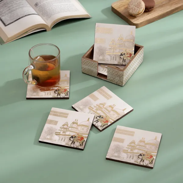 White_&_Gold_Wooden_Waterproof_Set_Of_6_Enamel_Coated_Wooden_Coasters_With_Stand_For_Home_And_Dining_Table_,_Stylish_Coasters_For_Tea_Coffee_And_Bar_(_(10X10)Cm_)