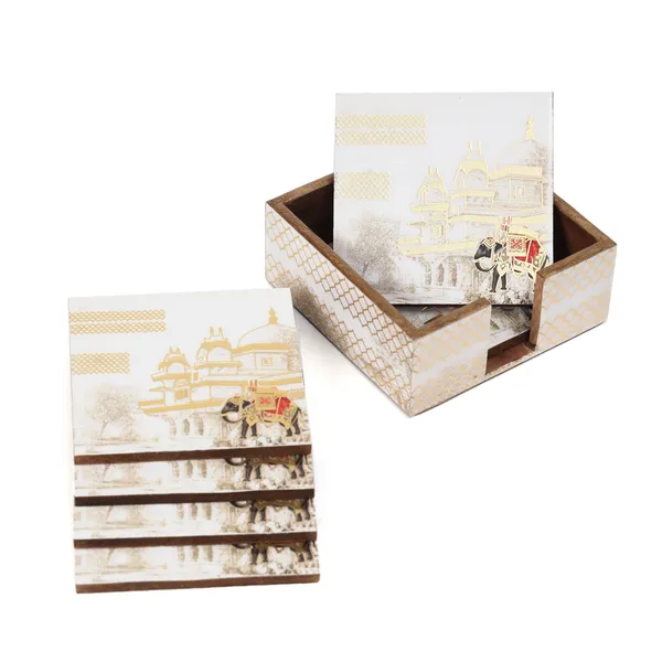 White_&_Gold_Wooden_Waterproof_Set_Of_6_Enamel_Coated_Wooden_Coasters_With_Stand_For_Home_And_Dining_Table_,_Stylish_Coasters_For_Tea_Coffee_And_Bar_(_(10X10)Cm_)