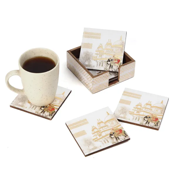 White_&_Gold_Wooden_Waterproof_Set_Of_6_Enamel_Coated_Wooden_Coasters_With_Stand_For_Home_And_Dining_Table_,_Stylish_Coasters_For_Tea_Coffee_And_Bar_(_(10X10)Cm_)