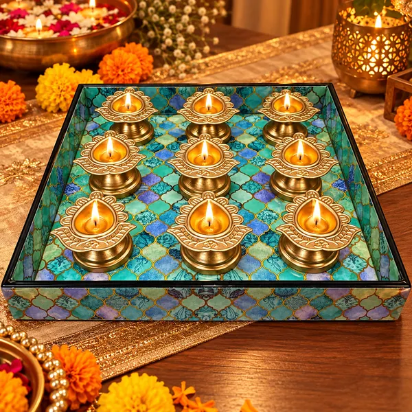 Decorative_Wooden_Tray_with_9_Golden_Metal_Diyas_|_Traditional_Diwali_Pooja,_Festive_Home_Décor_&_Gifting_Set