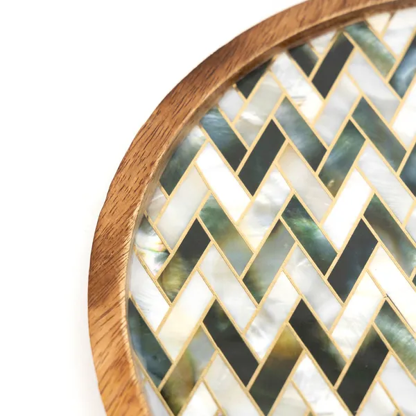 White_&_Silver_Wooden_Enamel_Coated_Round_Serving_Platter_In_Mangowood_,_Snacks_Platter_For_Home_&_Dining_Table_,_Multipurpose_Tray_,_Serving_Tray_(_(25X25)Cm_)