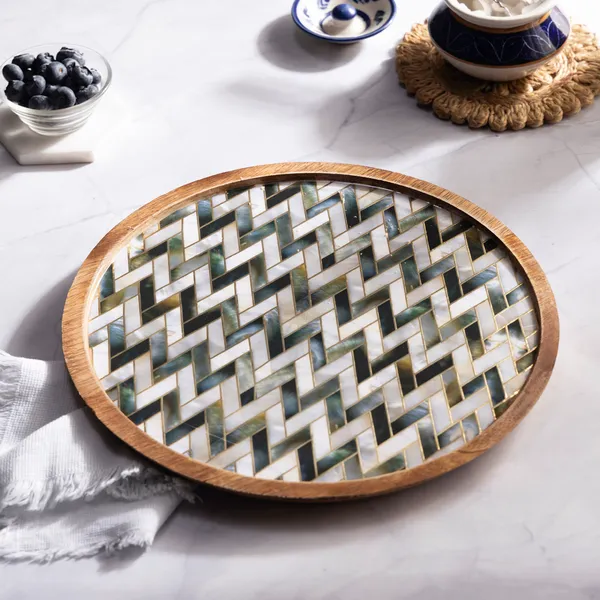 White_&_Silver_Wooden_Enamel_Coated_Round_Serving_Platter_In_Mangowood_,_Snacks_Platter_For_Home_&_Dining_Table_,_Multipurpose_Tray_,_Serving_Tray_(_(25X25)Cm_)