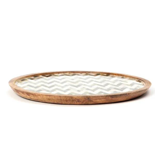 White_&_Silver_Wooden_Enamel_Coated_Round_Serving_Platter_In_Mangowood_,_Snacks_Platter_For_Home_&_Dining_Table_,_Multipurpose_Tray_,_Serving_Tray_(_(25X25)Cm_)