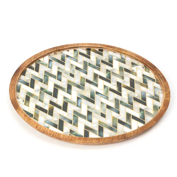 White_&_Silver_Wooden_Enamel_Coated_Round_Serving_Platter_In_Mangowood_,_Snacks_Platter_For_Home_&_Dining_Table_,_Multipurpose_Tray_,_Serving_Tray_(_(25X25)Cm_)