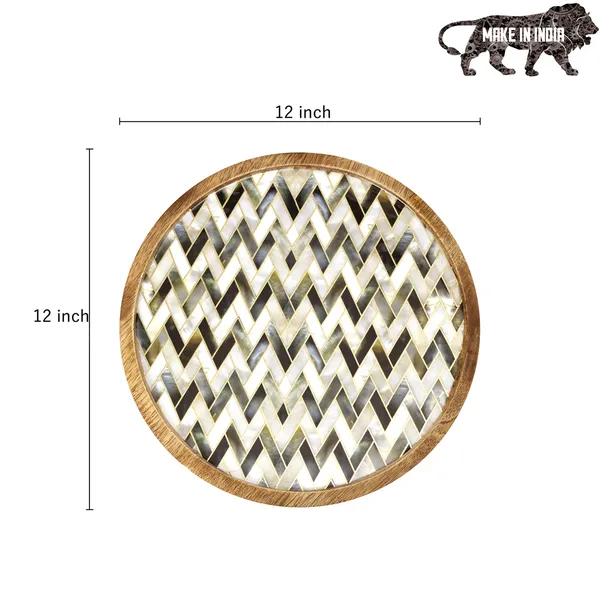 White_&_Silver_Wooden_Enamel_Coated_Round_Serving_Platter_In_Mangowood_,_Snacks_Platter_For_Home_&_Dining_Table_,_Multipurpose_Tray_,_Serving_Tray_(_(25X25)Cm_)