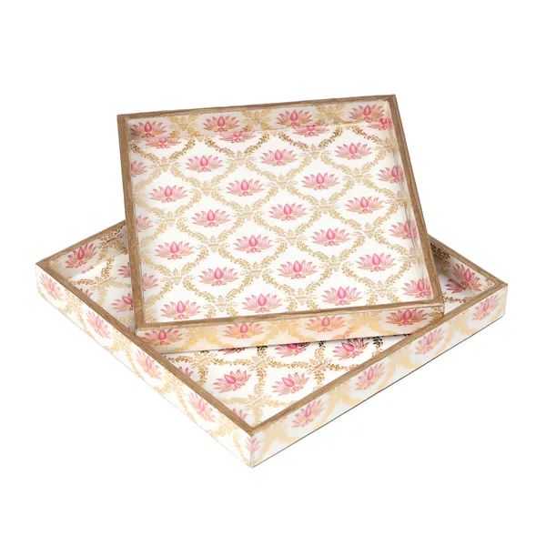 White_Pink_&_Gold_Wooden_Wooden_Enamel_Coated_Square_Set_Of_2_Trays_,_Serving_Tray_For_Home_&_Dining_Table_,_Printed_Multipurpose_Trays_(_(23X23||20X20)Cm_)_(Set_Of_2)