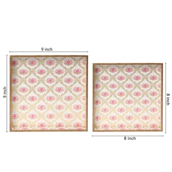 White_Pink_&_Gold_Wooden_Wooden_Enamel_Coated_Square_Set_Of_2_Trays_,_Serving_Tray_For_Home_&_Dining_Table_,_Printed_Multipurpose_Trays_(_(23X23||20X20)Cm_)_(Set_Of_2)