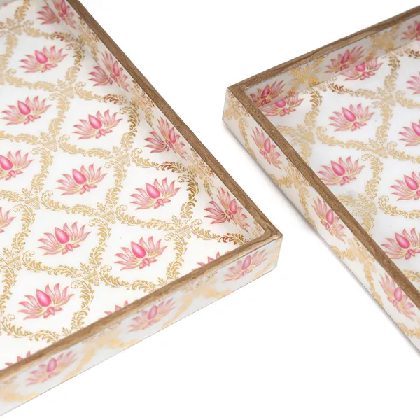 White_Pink_&_Gold_Wooden_Wooden_Enamel_Coated_Square_Set_Of_2_Trays_,_Serving_Tray_For_Home_&_Dining_Table_,_Printed_Multipurpose_Trays_(_(23X23||20X20)Cm_)_(Set_Of_2)