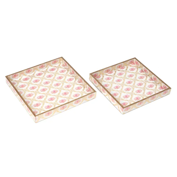 White_Pink_&_Gold_Wooden_Wooden_Enamel_Coated_Square_Set_Of_2_Trays_,_Serving_Tray_For_Home_&_Dining_Table_,_Printed_Multipurpose_Trays_(_(23X23||20X20)Cm_)_(Set_Of_2)