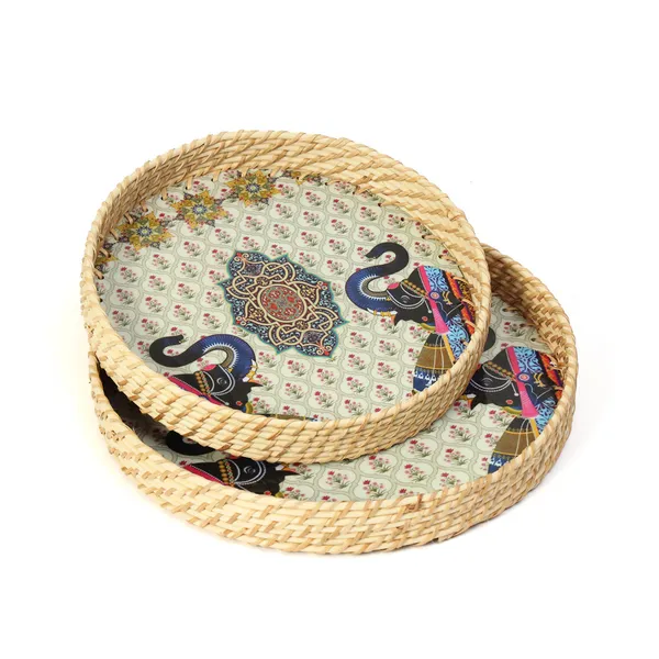 Multicolor_Wooden_And_Cane_Wooden_Enamel_Coated_Round_Set_Of_2_Trays_With_Cane_Border_,_Serving_Tray_For_Home_&_Dining_Table_,_Cane_Multipurpose_Trays_(_(33X33||28X28)Cm_)_(Set_Of_2)