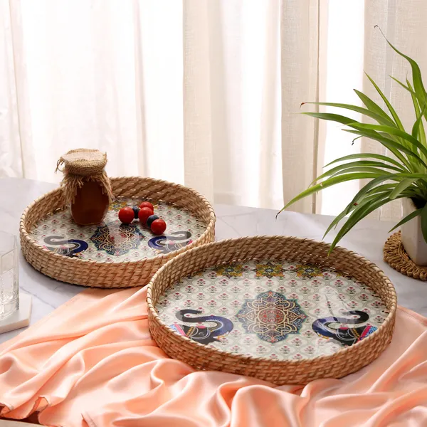 Multicolor_Wooden_And_Cane_Wooden_Enamel_Coated_Round_Set_Of_2_Trays_With_Cane_Border_,_Serving_Tray_For_Home_&_Dining_Table_,_Cane_Multipurpose_Trays_(_(33X33||28X28)Cm_)_(Set_Of_2)