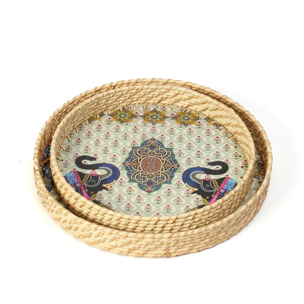 Multicolor_Wooden_And_Cane_Wooden_Enamel_Coated_Round_Set_Of_2_Trays_With_Cane_Border_,_Serving_Tray_For_Home_&_Dining_Table_,_Cane_Multipurpose_Trays_(_(33X33||28X28)Cm_)_(Set_Of_2)